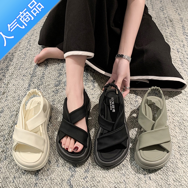 SUNTEK凉鞋女款夏季2023年新款松高厚底孕妇平底踩屎感休闲运动罗马凉鞋高清大图