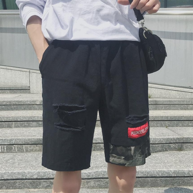 港风沙滩裤子男韩版潮流5分休闲裤ins破洞短裤bf原宿风宽松五分裤