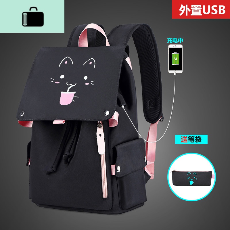 初高中生书包女校园韩版简约大学生双肩包百搭休闲时尚大容量背包NEW LAKE 喝水的猫【送笔袋】