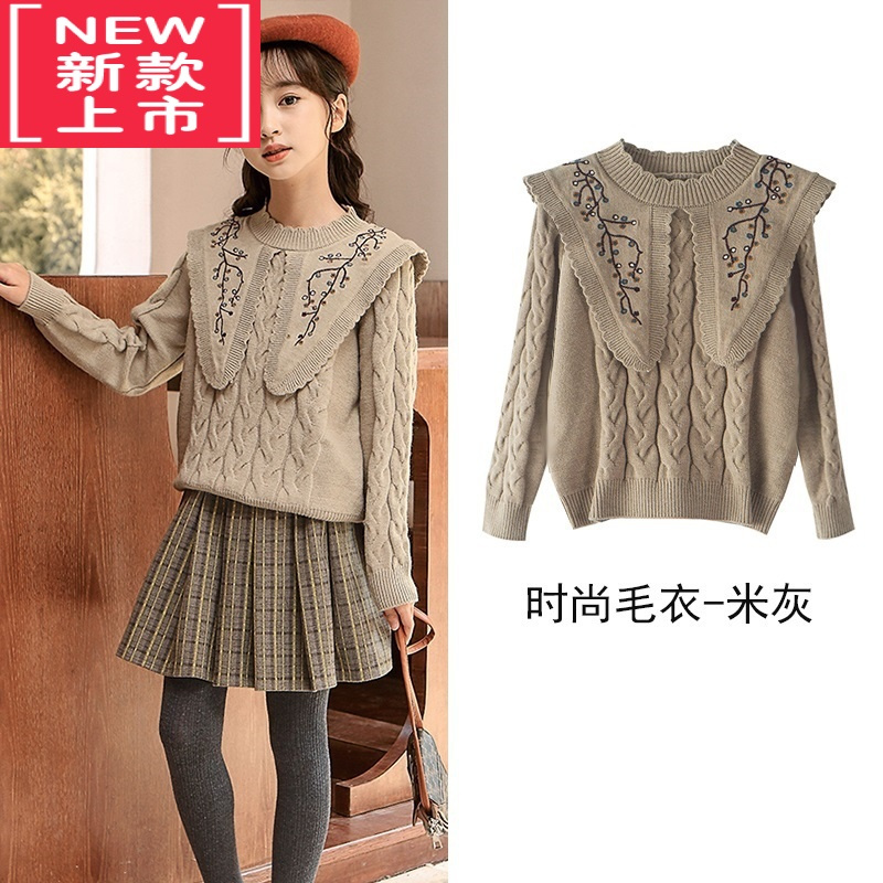 可莉允女童毛衣冬装大童红色秋冬儿童新年洋气上衣套装圣诞服装女孩打底