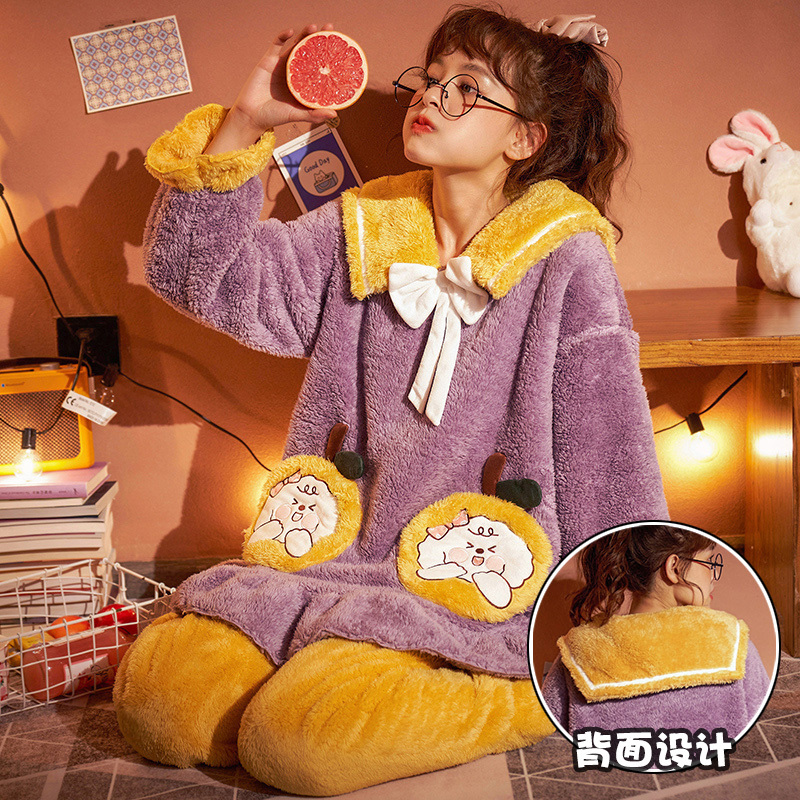珊瑚绒睡衣女秋冬季加厚加绒保暖可爱法兰绒家居服冬天可外穿套装