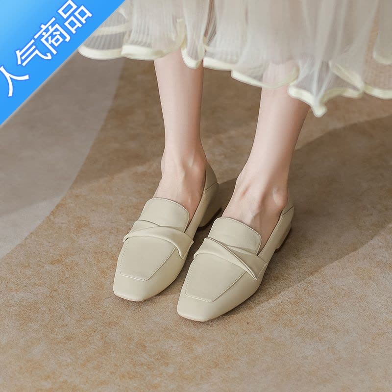 SUNTEK乐福鞋女粗跟新款2023显脚小春秋单鞋方头中跟百搭软皮小皮鞋图片