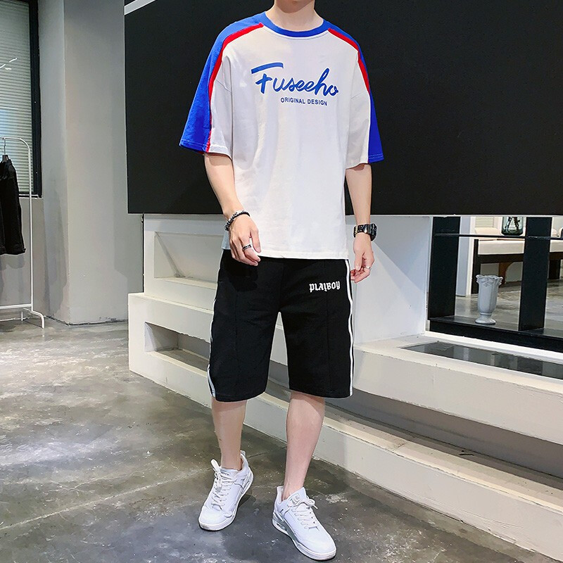 夏季新款ins基础大众牌休闲宽松五分袖t恤男搭配短裤一套男衣服基础