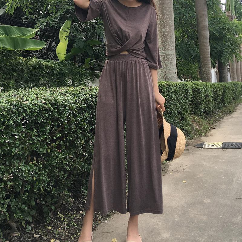 夏季新款韩版纯色休闲套装五分袖T恤+休闲高腰开叉阔腿裤两件套女