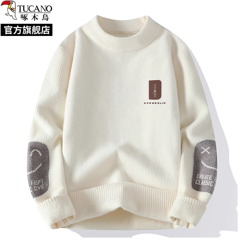 啄木鸟春秋冬季新款圆领套头毛衣男士加绒加厚保暖针织衫卫生衣衣服 米白色圆领 L适合110-125斤