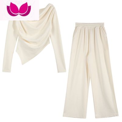 七斓港味辣妹纯色套装女春季新款一字肩长袖上衣高腰垂感休闲裤套 奶白套装 均码
