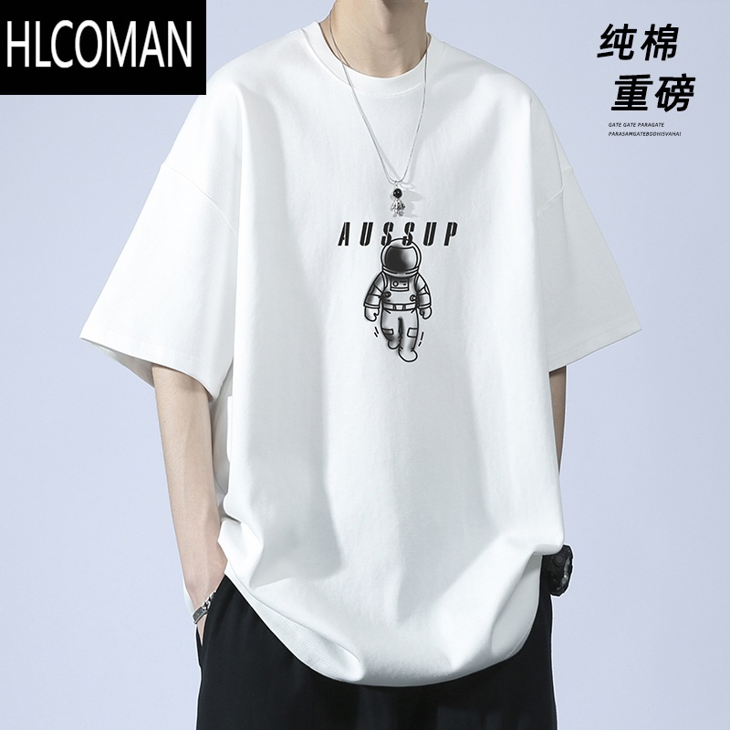 hlcoman白色短袖t恤男ins大码夏季落肩袖五分袖体恤潮牌高街上衣