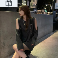 SUNTEK慵懒风灰色镂空露肩卫衣女2020秋季新款韩版中长款宽松长袖上衣潮卫衣