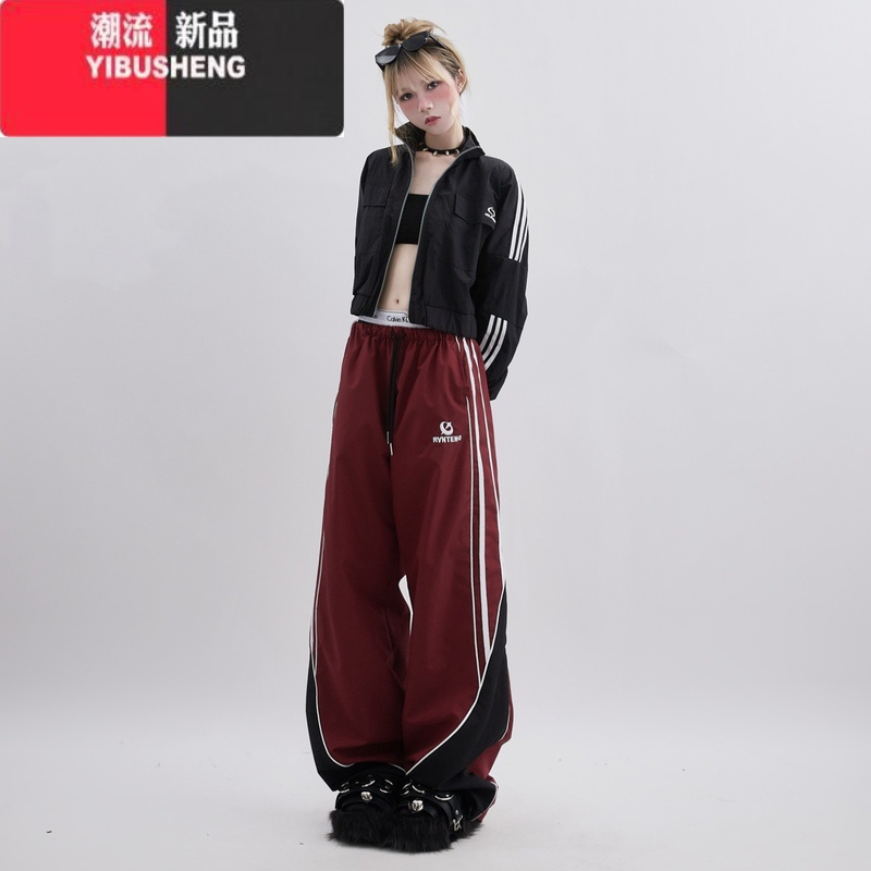 YIBUSHENG美式高街直筒休闲裤女春秋潮牌宽松hiphop百搭抽绳学院风运动长裤