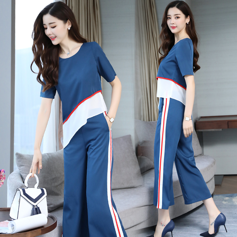 女士新品女装秋装两件套裤雪纺小衫上衣阔腿裤长裤休闲时尚套装女