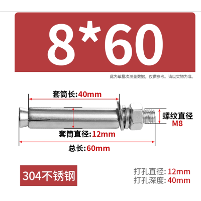平环 304不锈钢膨胀螺丝螺栓 304 M8*60 10只