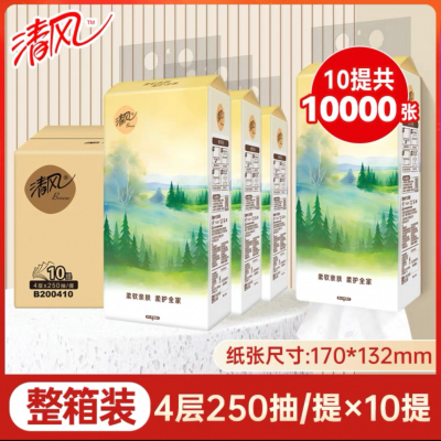 清风悬挂式抽纸4层250抽10提餐巾纸家用实惠装厕纸擦手卫生纸巾整箱