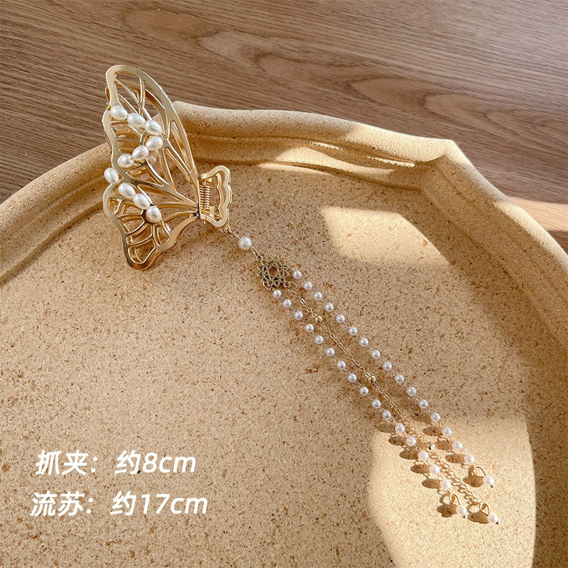 蝴蝶抓夹流苏3条 珍珠蝴蝶结后脑勺大号金属抓夹韩国优雅气质发夹发卡法式发抓流苏