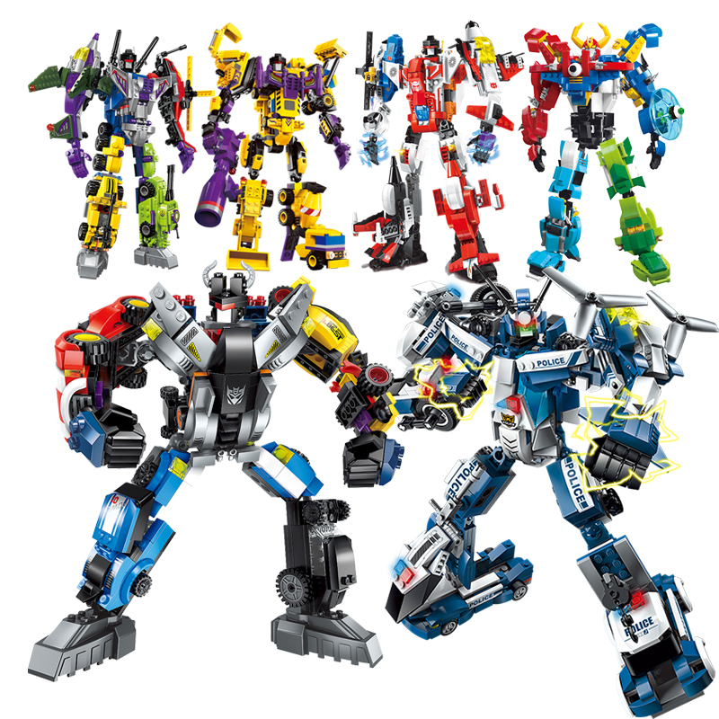 启蒙兼容乐高积木拼装组装积木男孩玩具儿童变形金刚合体机器巡逻警察