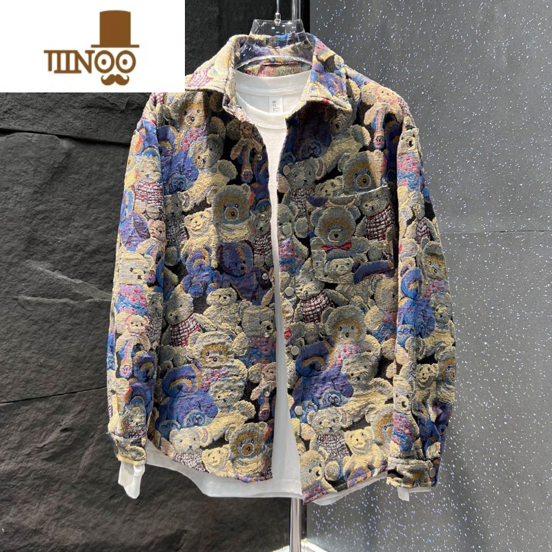 YANXU2023秋季新款潮流百搭个性休闲外套男士痞帅时尚小熊刺绣翻领上衣