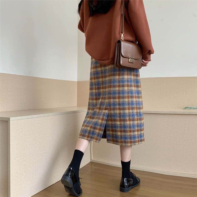 茜靓CHYLLIRN毛呢格子半身裙秋冬季女装2020新款中长款包臀裙高腰复古百搭裙子