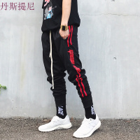 欧美高街束脚裤男女嘻哈潮牌条纹字母复古运动裤宽松裤子小脚裤潮
