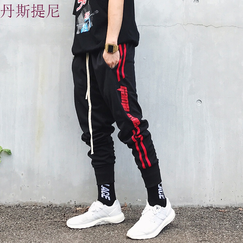 欧美高街束脚裤男女嘻哈潮牌条纹字母复古运动裤宽松裤子小脚裤潮