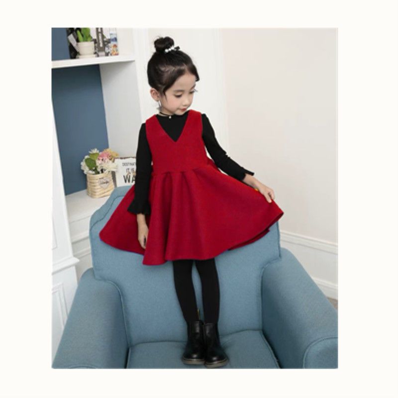 女童连衣裙秋冬季新款毛呢背心裙洋气儿童无袖公主女孩红色马甲裙背心