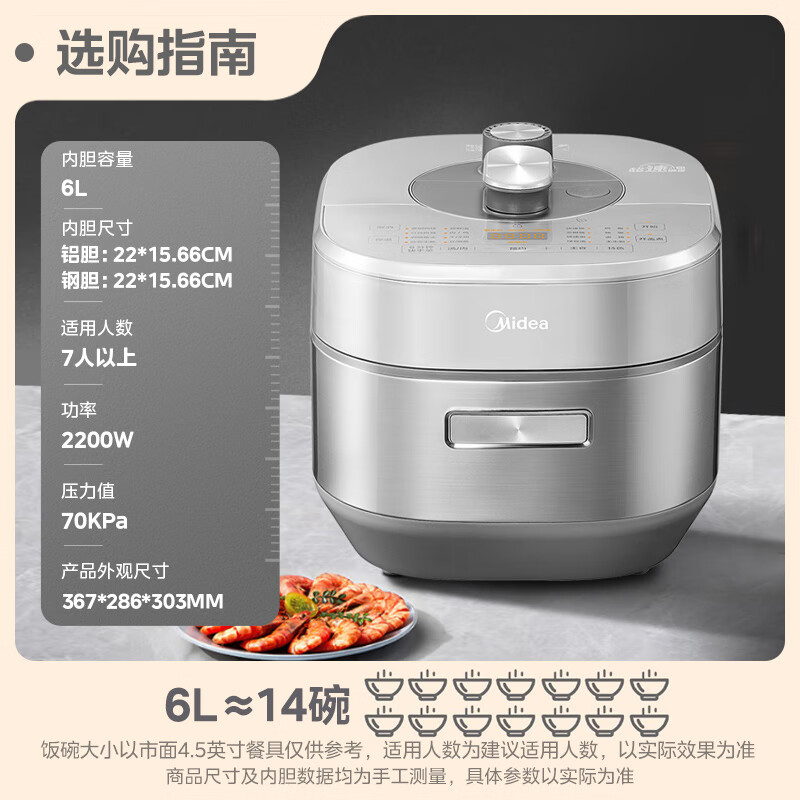 美的(Midea)0涂层电压力锅6L大容量家用速嫩感双胆IH全自动智能预约煲汤电锅煮饭电饭煲高压锅 MY-S6177K高清大图
