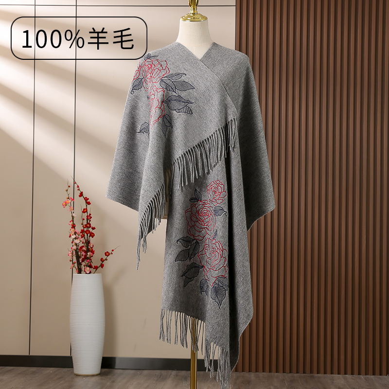 恒源祥羊毛围巾无羊绒披肩妈妈中老年妇女斗篷婆婆秋冬季驼色披风 WLSPT22Q035灰色