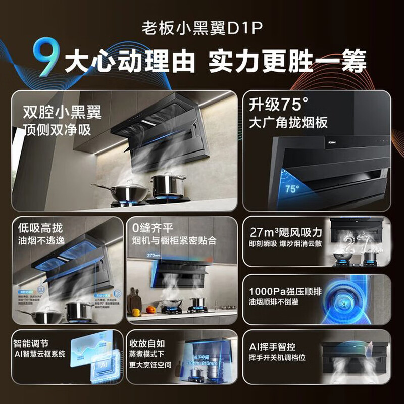 老板(Robam)老板[推荐D1H]小黑翼D1P排抽吸油烟机 27风量顶侧双吸 家用上门安装以旧换新 一级能效油烟机高清大图