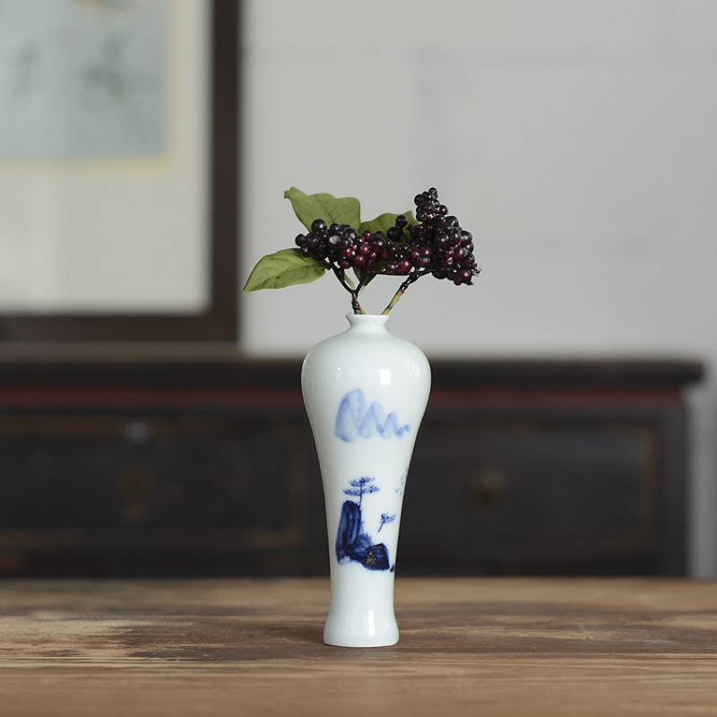 景德镇青花瓷花瓶 手绘小瓷瓶 简约创意摆件花器白陶瓷青花小花瓶 三维工匠 青花山水枣形瓶