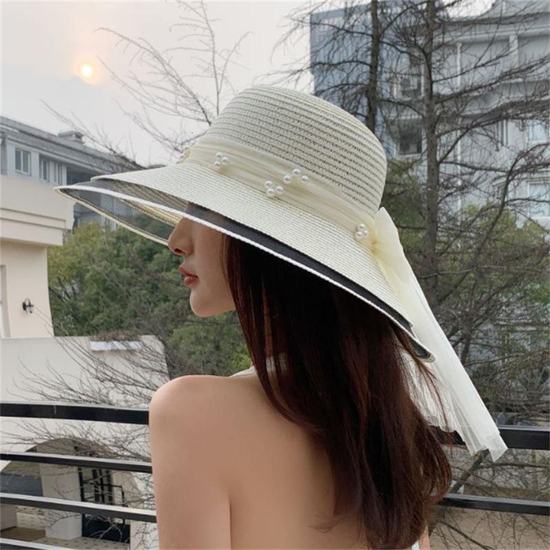 夏季新款帽子女丝带蝴蝶结大檐草帽户外旅游防晒遮阳帽沙滩太阳帽 网纱边飘带蝴蝶结-奶白色 M（56-58cm）