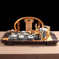 尚帝 黑檀茶盘乌金石功夫茶具套装四合一家用整套大号石头茶台 八仙过海龙珠11入智能旋转电热炉套装