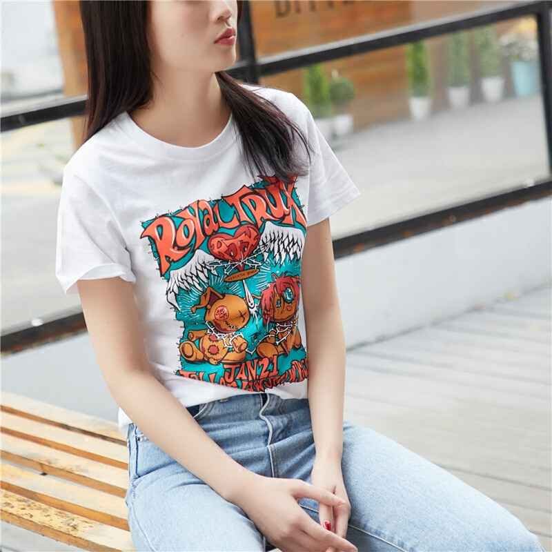 2018早春新款涂鸦印花宽松纯棉圆领短袖夏t恤女秋季显瘦打底衫潮白色