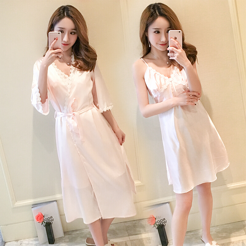 睡衣女夏绸韩版性感睡裙短袖两件套装家居服薄款可外穿带胸垫yy