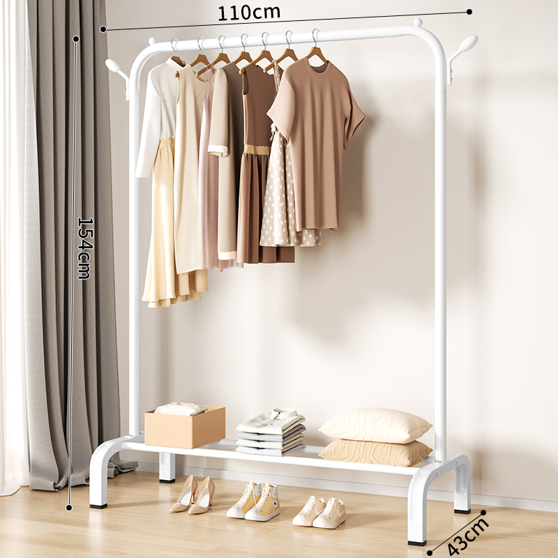 简易晾衣架落地折叠阳台晒衣服架子家用卧室家用晾衣杆折叠挂衣服 110cm白+2衣帽钩加粗加厚