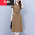 YIBUSHENG2024新款时尚冰丝季裙子优雅显瘦遮肉中长款收腰中年妈妈连衣裙 卡其单件连衣裙 2XL建议120-135斤