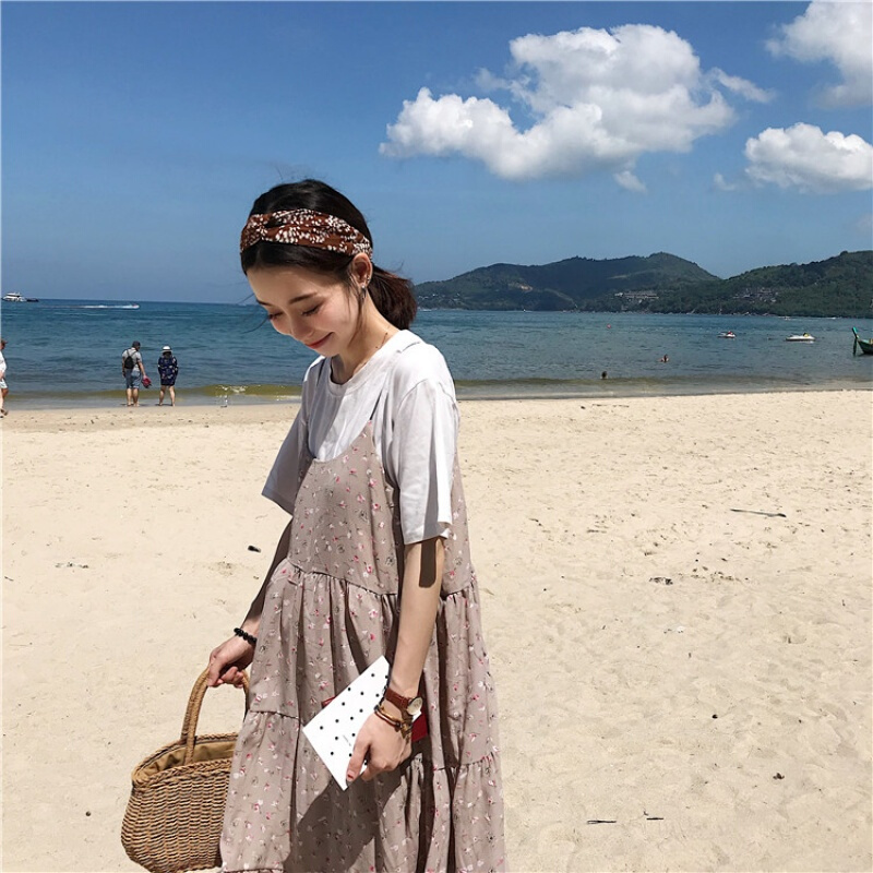 春夏女装韩版宽松气质小清新雪纺碎花带裙中长款显瘦连衣裙长裙白色均码
