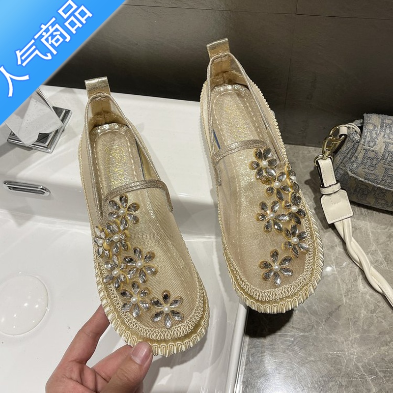 SUNTEK2023夏季欧根纱网面女鞋网红圆头水钻平底包头凉拖豆豆乐福鞋单鞋 金色 38