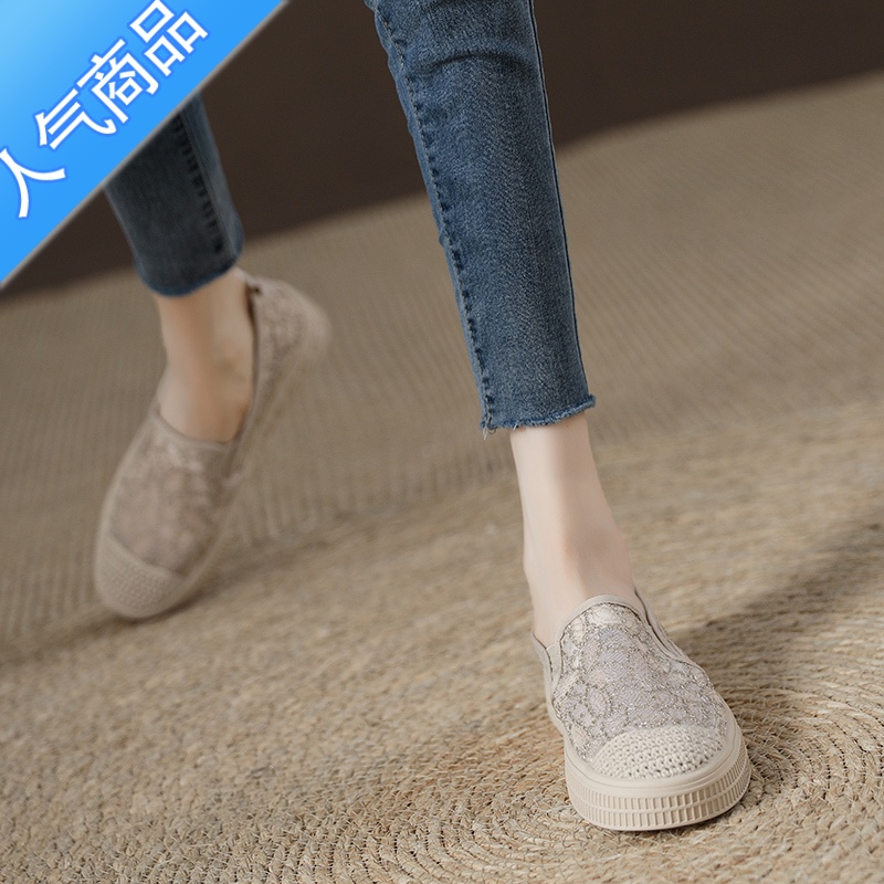 SUNTEK渔夫鞋女蕾丝网面一脚蹬乐福鞋2023夏季新款镂空透气软底休闲单鞋高清大图