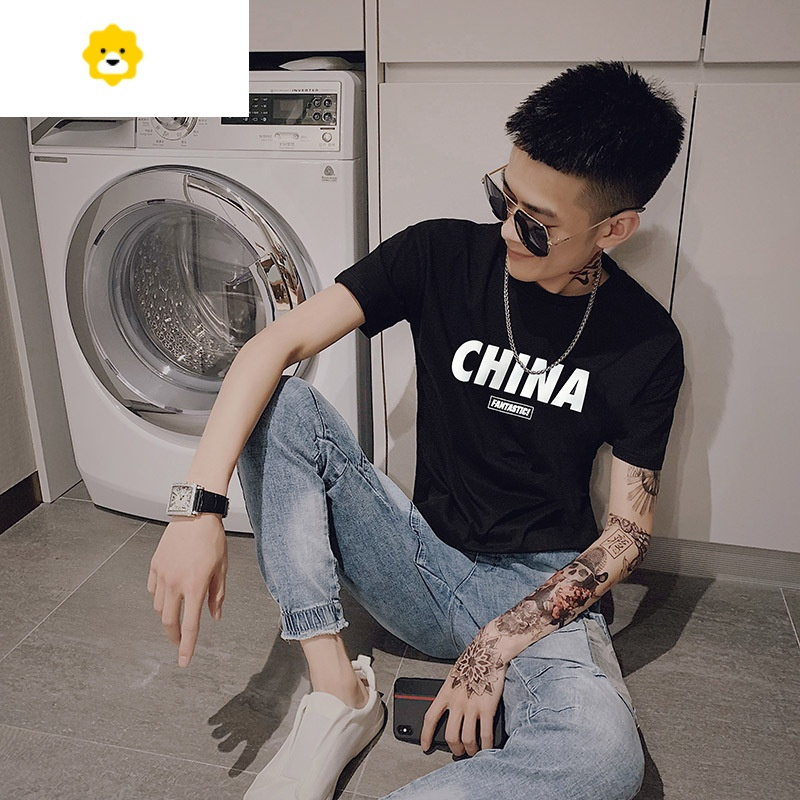 fishbasket男生短袖t恤网红潮牌上衣服季社会人精小伙半截袖体恤衫