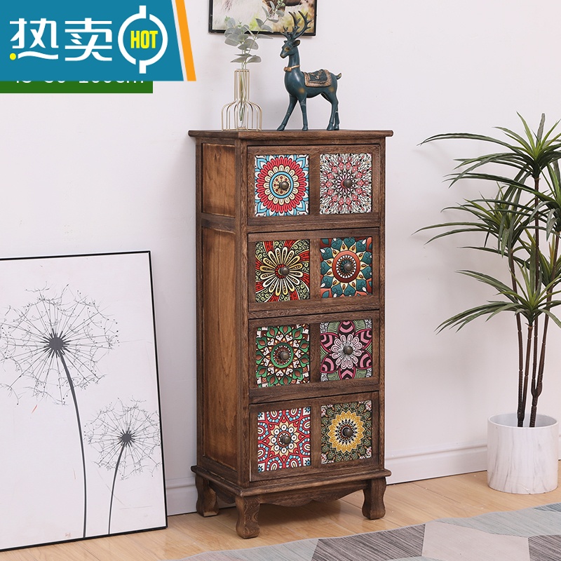 敬平美式复古实木斗柜彩绘客厅储物柜抽屉式收纳柜阳台多层置物柜卧室 炭烤色8宫格A01