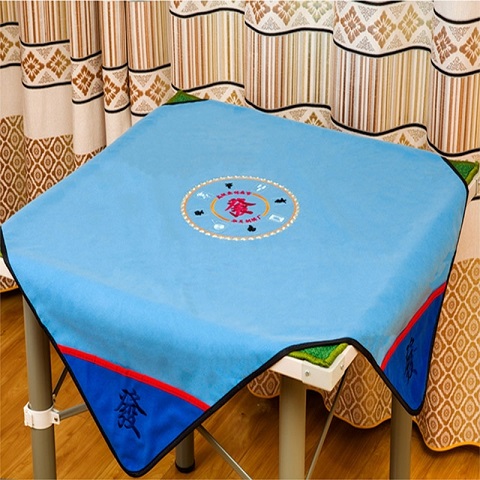 刺绣麻将桌布帶兜麻将垫消音加厚家用麻将布|浅蓝(发财刺绣) 默认