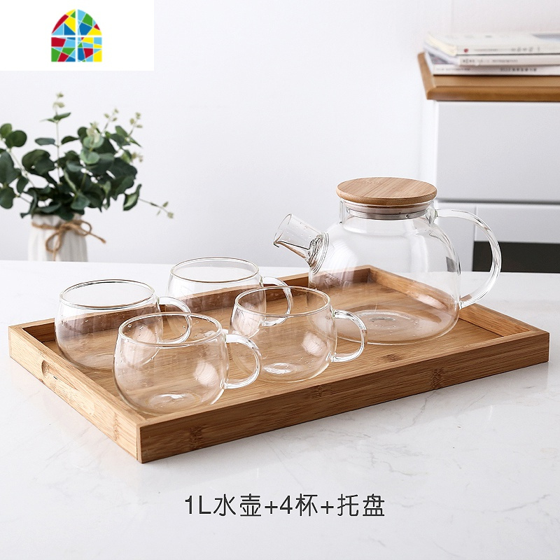 日式玻璃冷水壶套装耐热泡茶壶凉开水杯壶家用凉水壶大容量壶杯子 FENGHOU 1L壶4杯加托盘