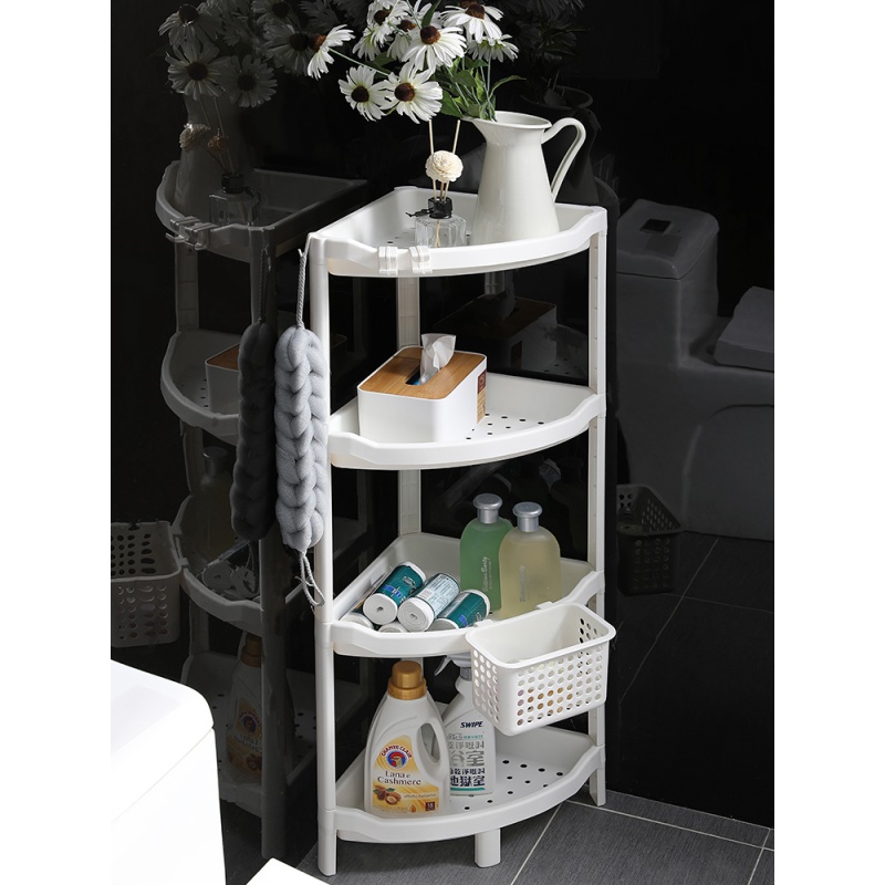 卫生间置物架塑料落地式浴室收纳架洗澡间厕所脸盆架三角储物架子 [升级款-三脚架-送挂篮]杏色/4层高清大图