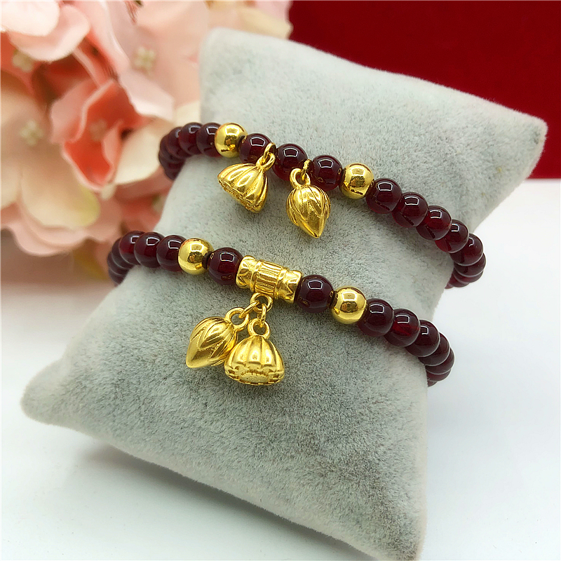 金店同款仿真越南沙金两世欢手链女镀金转运珠天然红石榴石女手串送女朋友老婆情人节七夕生日礼物