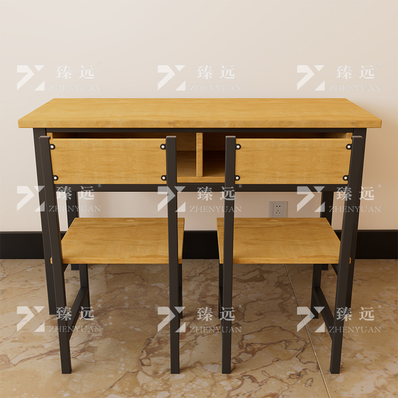 臻远ZY4082148 学生课桌椅双层带抽屉培训班学习桌学校辅导班教室双人桌 胡桃色含椅子+黑架1200*600*800高清大图