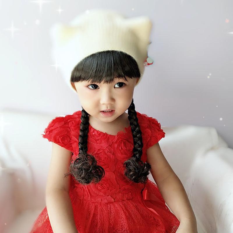 3款宝宝秋冬季假发毛线婴儿童小女孩刘海保暖帽子可爱猫耳朵12岁红色