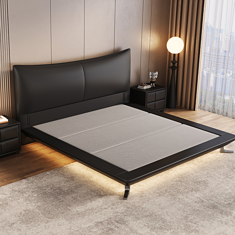 意式真皮床轻奢现代简约双人床主卧鸭子脚满铺悬浮床家用软包婚床高清大图