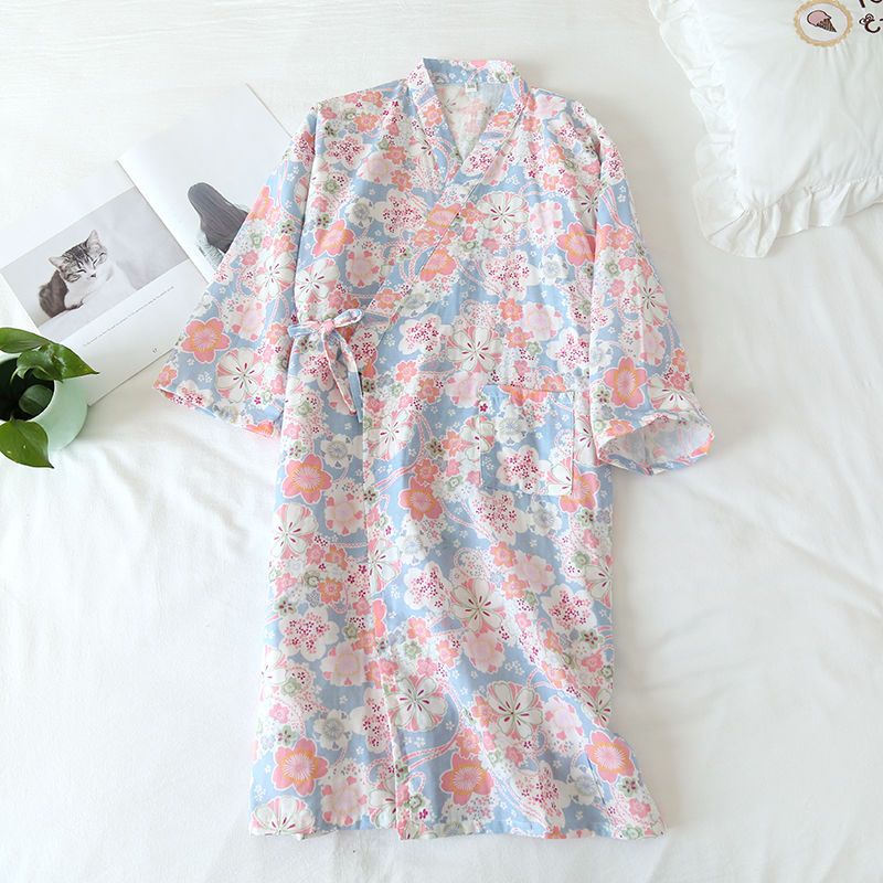 日式和服睡袍女睡裙浴袍九分袖全棉纱布夏秋季温泉汗蒸服浴衣睡衣 黄底樱花 和服袍 M