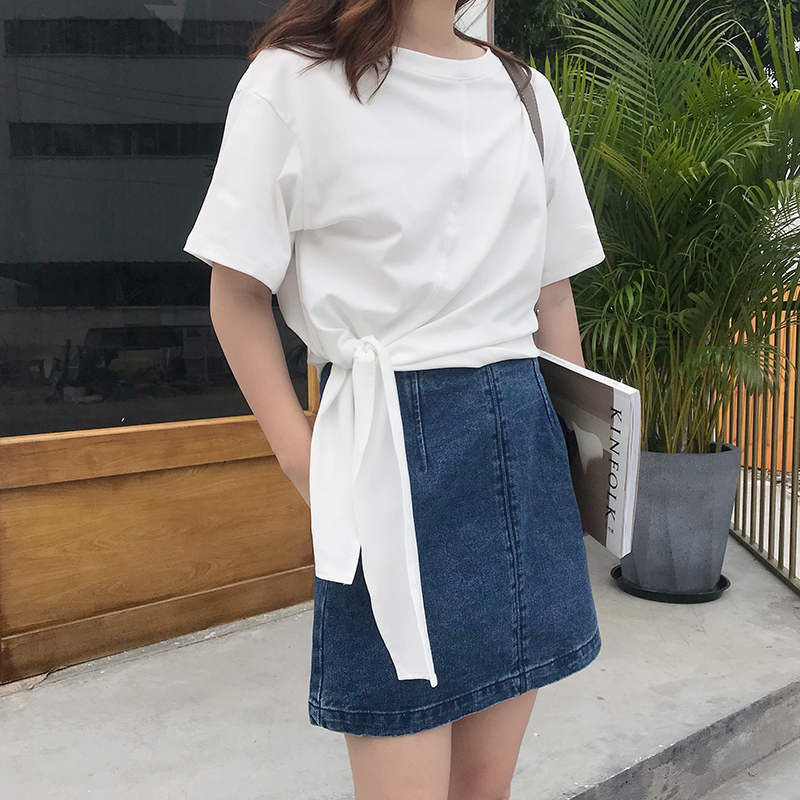 下摆打结T恤女短袖2021年新款夏季宽松白色小心机不规则上衣ins潮 黑色 S