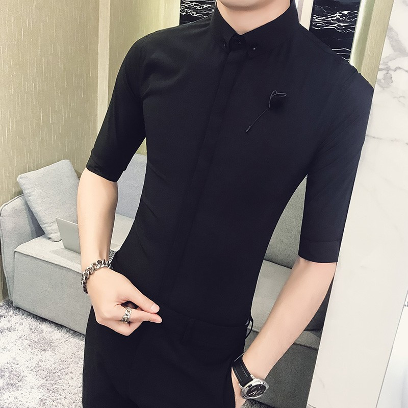 衬衫男休闲简约百搭2018夏季年轻小清新白色七分袖衬衣男中袖寸衫