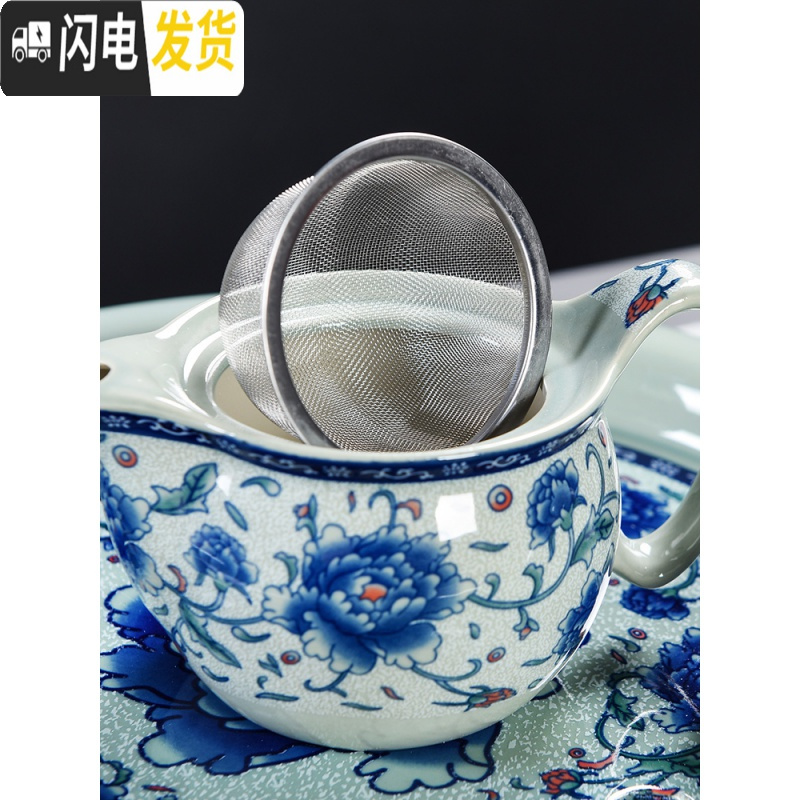 三维工匠防烫陶瓷茶具套装家用双层杯功夫茶具青花瓷中式茶杯茶壶套装简约 色土花鸟-1壶6杯+干泡盘