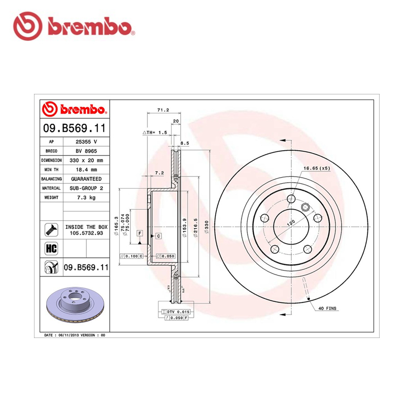布雷博(brembo)后盘09.B569.11适配10-17款宝马X3(F25)/14-17款宝马X4(F26)(对装)